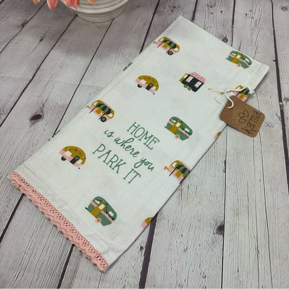 NWT karma Camper Print Tea Towel with Pink Trim 100% cotton boho coquette